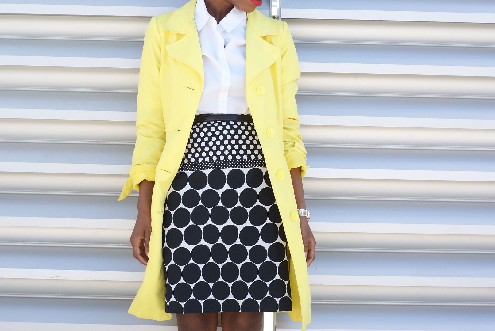 Yellow Trench Coat, Polka dot skirt, business causal outfit, White frame sunglasses