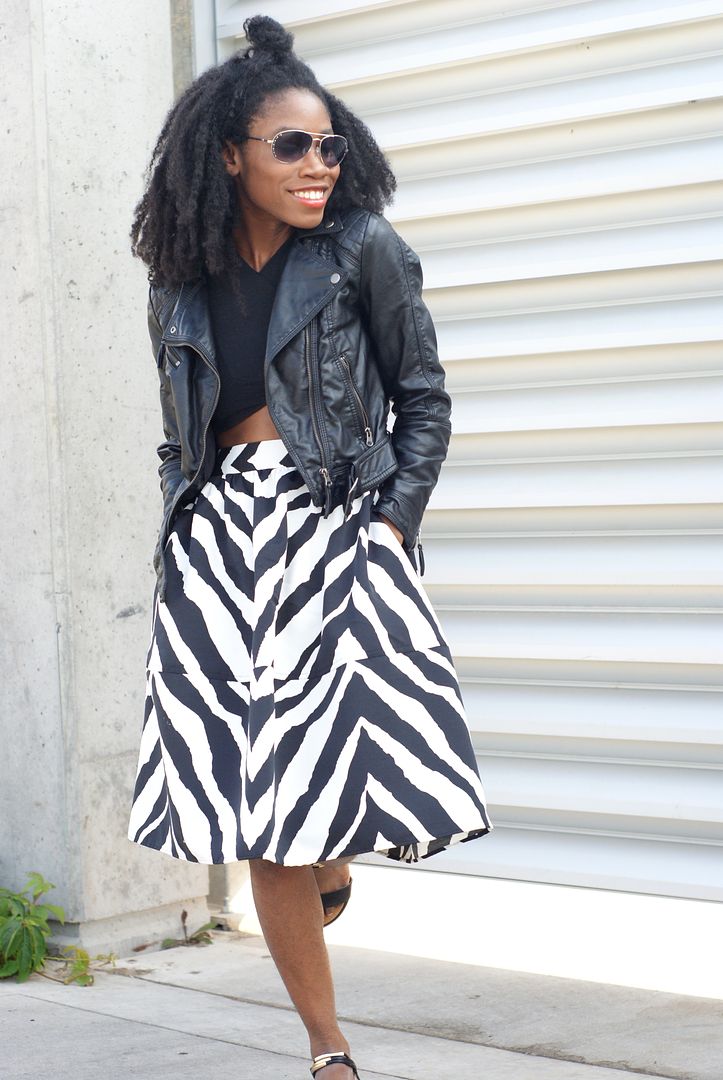 Express Zebra Print Skirt, Crop Top, Faux Leather jacket